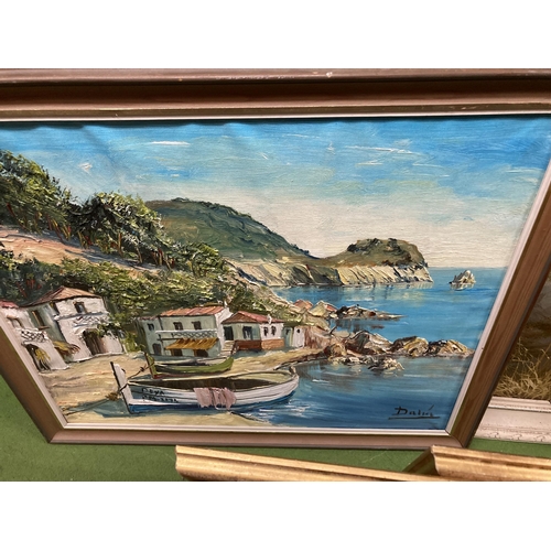 888 - ASSORTED PICTURES - TWO FRAMED OIL PAINTINGS OF A SEASCAPE AND HARBOUR SCENE, A SET OF FOUR FLORAL P... 