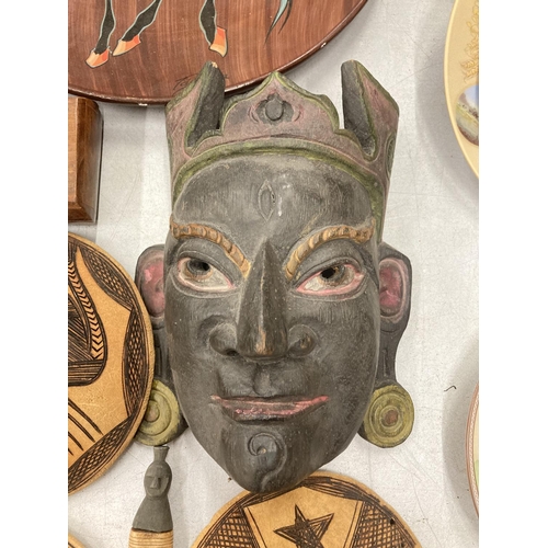 276 - A LARGE HANDPAINTED CHARGER OF A HORSE, AFRICAN MASK, A CARVED BONE RECEPTACLE, PLAQUES, ETC