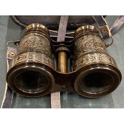 287 - A PAIR OF LEATHER CASED BRASS BINOCULARS