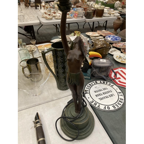 368 - AN ART DECO STYLE, SIGNED, GIRL ON PEDESTAL TABLE LAMP HEIGHT 53CM - A/F TO WRIST AND FINGERS