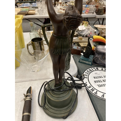 368 - AN ART DECO STYLE, SIGNED, GIRL ON PEDESTAL TABLE LAMP HEIGHT 53CM - A/F TO WRIST AND FINGERS