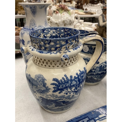 375 - A COLLECTION OF VINTAGE BLUE AND WHITE CERAMICS TO INCLUDE A PUZZLE JUG, WILLOW PATTERN MEAT PLATE -... 