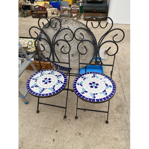 1772 - TWO FOLDING METAL TILED CHAIRS AND A FOLDING TABLE (A/F)