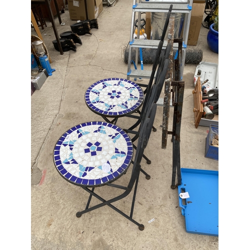 1772 - TWO FOLDING METAL TILED CHAIRS AND A FOLDING TABLE (A/F)