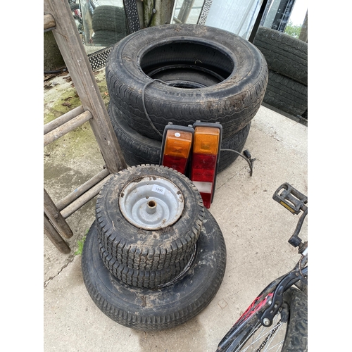 1990 - AN ASSORTMENT OF WHEELS AND TYRES AND TWO TRAILER LIGHTS