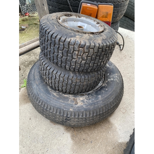 1990 - AN ASSORTMENT OF WHEELS AND TYRES AND TWO TRAILER LIGHTS