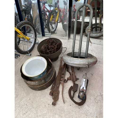 1992 - AN ASSORTMENT OF ITEMS TO INCLUDE A VINTAGE MILK CHURN COOLER AND A STANLEY WOOD PLANE ETC