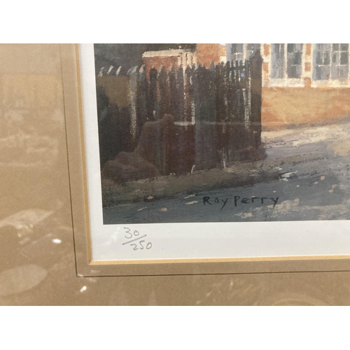 899 - A FRAMED RAY PERRY PENCIL SIGNED LIMITED EDITION PRINT OF HARROW