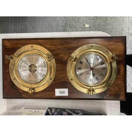 900 - A MAHOGANY FRAMED BRASS PORTHOLE STYLE CLOCK AND BAROMETER