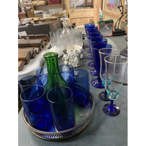 483 - A MIXED LOT TO INCLUDE SILVER PLATED TRAYS, BLUE GLASS GOBLETS, TUMBLERS AND CHAMPAGNE FLUTES, A DEC... 