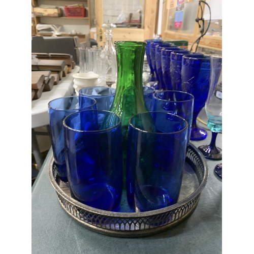 483 - A MIXED LOT TO INCLUDE SILVER PLATED TRAYS, BLUE GLASS GOBLETS, TUMBLERS AND CHAMPAGNE FLUTES, A DEC... 