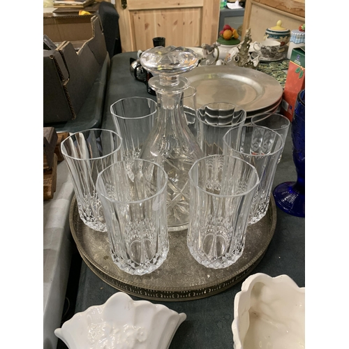 483 - A MIXED LOT TO INCLUDE SILVER PLATED TRAYS, BLUE GLASS GOBLETS, TUMBLERS AND CHAMPAGNE FLUTES, A DEC... 