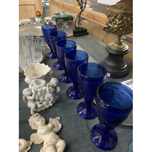 483 - A MIXED LOT TO INCLUDE SILVER PLATED TRAYS, BLUE GLASS GOBLETS, TUMBLERS AND CHAMPAGNE FLUTES, A DEC... 