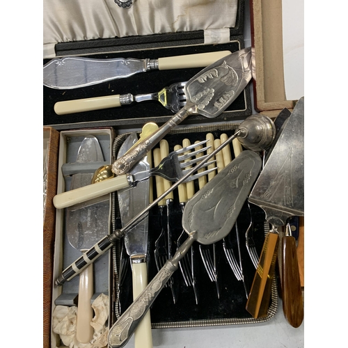 486 - A QUANTITY OF VINTAGE FLATWARE, SOME BOXED, TO INCLUDE SERVING SETS PLUS A TABLE LIGHTER, ETC