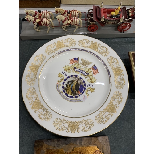 494 - A MODEL OF QUEEN ELIZABETH II ON SILVER JUBILEE DAY IN A 1902 STATE LANDAU, A PLATE FROM 1976 COMMEM... 