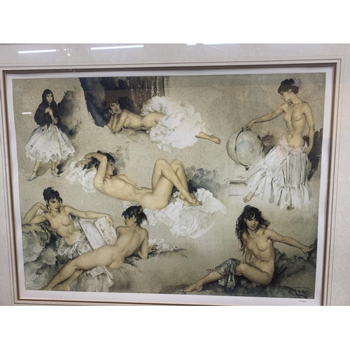 379 - A LARGE GILT FRAMED SIR WILLIAM RUSSEL FLINT PRINT OF NUDE LADIES 'VARIATIONS', NUMBERED 241/850, WI... 