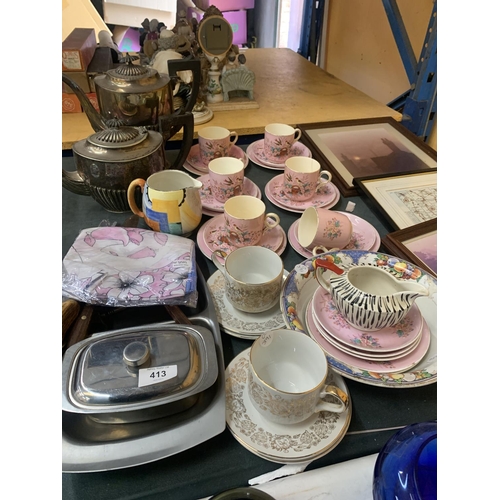 413 - A MIXED LOT TO INCLUDE PINK VICTORIAN CUPS AND SAUCERS WITH BIRD AND FLORAL DESIGN, A GRAY'S POTTERY... 