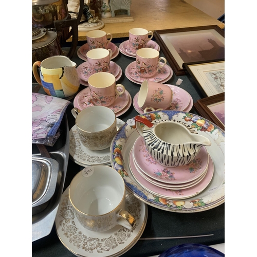 413 - A MIXED LOT TO INCLUDE PINK VICTORIAN CUPS AND SAUCERS WITH BIRD AND FLORAL DESIGN, A GRAY'S POTTERY... 