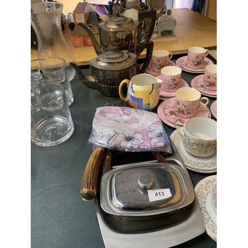 413 - A MIXED LOT TO INCLUDE PINK VICTORIAN CUPS AND SAUCERS WITH BIRD AND FLORAL DESIGN, A GRAY'S POTTERY... 