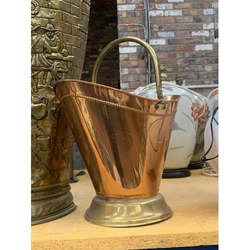 441 - TWO ITEMS - A BRASS LOG BUCKET AND COPPER SMALLER BASKET