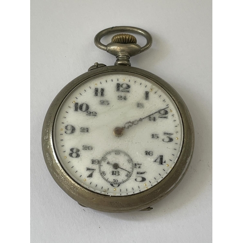 637 - A VINTAGE WHITE METAL OPEN FACED POCKET WATCH, CASEBACK STAMPED ARGENTAN