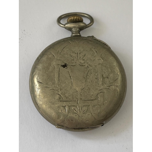 637 - A VINTAGE WHITE METAL OPEN FACED POCKET WATCH, CASEBACK STAMPED ARGENTAN