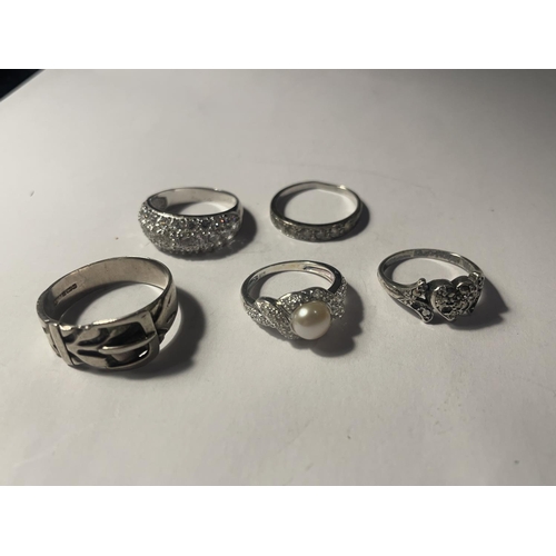 640A - FIVE VARIOUS SILVER RINGS