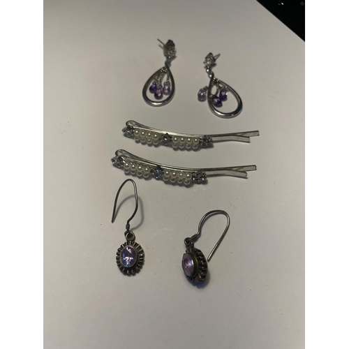 642 - TWO PAIRS OF MARKED SILVER AND PURPLE STONE DROP EARRINGS AND A PAIR OF PEARL AND CLEAR STONE HAIR S... 