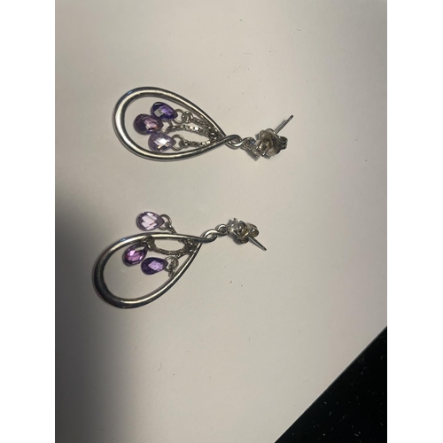 642 - TWO PAIRS OF MARKED SILVER AND PURPLE STONE DROP EARRINGS AND A PAIR OF PEARL AND CLEAR STONE HAIR S... 