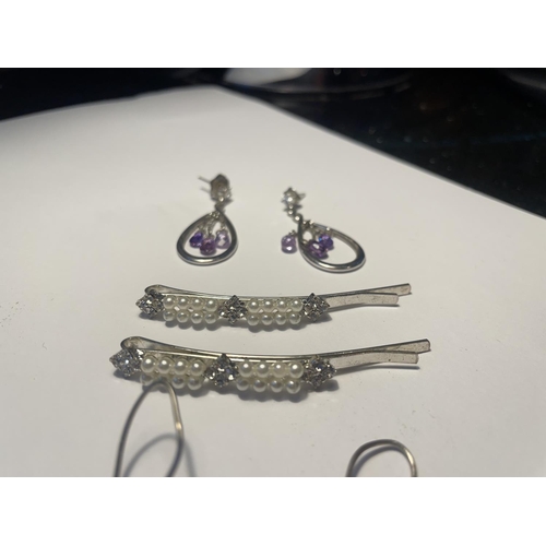 642 - TWO PAIRS OF MARKED SILVER AND PURPLE STONE DROP EARRINGS AND A PAIR OF PEARL AND CLEAR STONE HAIR S... 