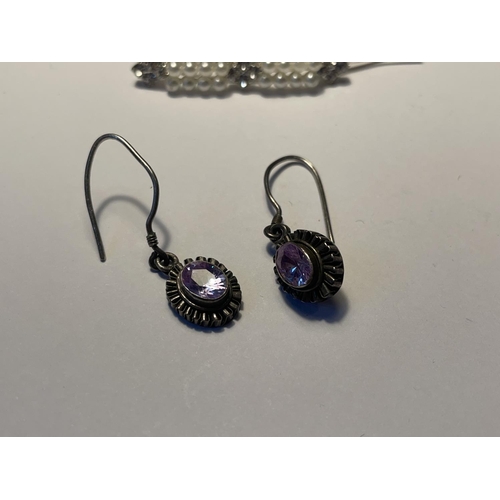 642 - TWO PAIRS OF MARKED SILVER AND PURPLE STONE DROP EARRINGS AND A PAIR OF PEARL AND CLEAR STONE HAIR S... 