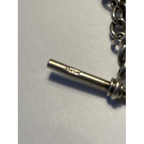 644 - A SILVER DOUBLE ALBERT WATCH CHAIN EACH LINK STAMPED WITH A HALLMARKED BIRMINGHAM SILVER FOB