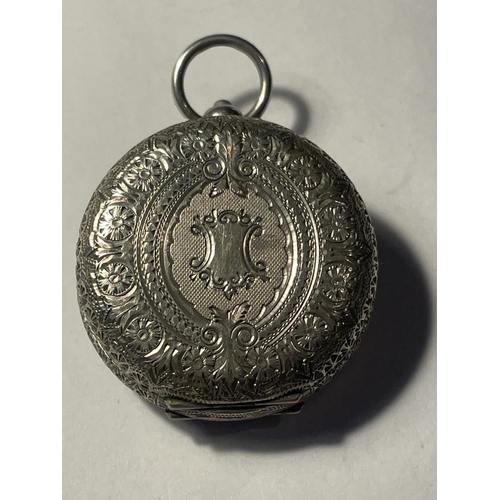 685 - A MARKED 935 SILVER FOB WATCH WITH A WHITE ENAMEL DECORATIVE FACE AND ROMAN NUMERALS