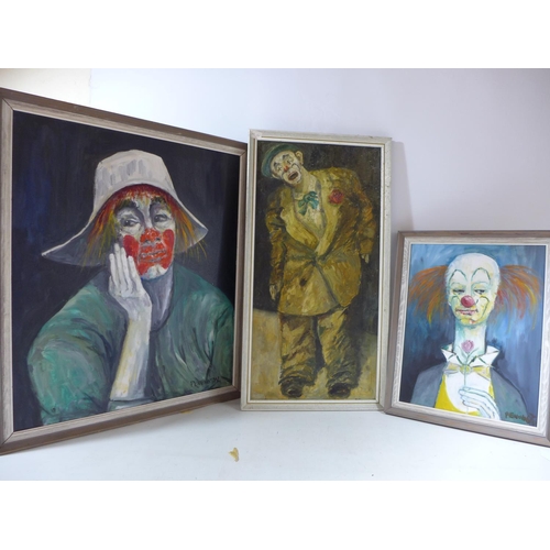 316 - E.PENNINGTON (BRITISH 20TH CENTURY) THREE PICTURES OF CLOWNS, TWO OILS ON BOARD, ONE ON CANVAS, SIZE... 