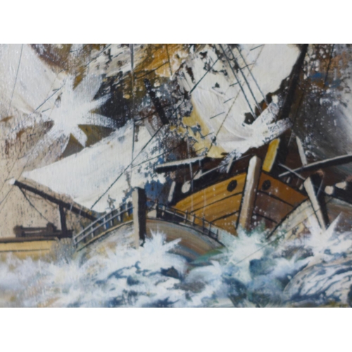 320 - CARLOS DE MIJAS (SPANNISH 20TH CENTURY) MODERNIST INTERPRETATION OF A SHIPPING SCENE, OIL ON CANVAS,... 