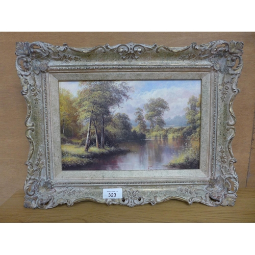 323 - PAUL MORGAN (BRITISH BORN 1940), LAKE SCENE, OIL ON BOARD, SIGNED, 19X29CM, IN SWEPT GILT FRAME