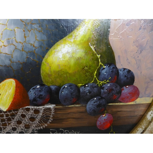 324 - NOEL RIPLEY (BRITISH BORN 1944), STILL LIFE OF FRUIT, OVAL, OIL ON BOARD, SIGNED, 25X20, IN SWEPT GI... 