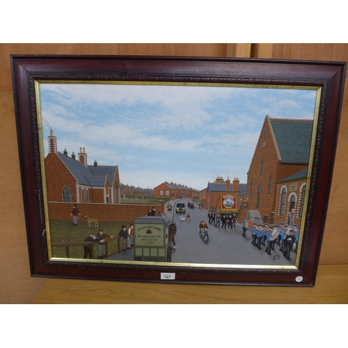 327 - JOE MCGINN (BRITISH 20TH/21ST CENTURY) 'COMMERCIAL STREET, TRIMDON CIRCA 1930', OIL ON BOARD, SIGNED... 