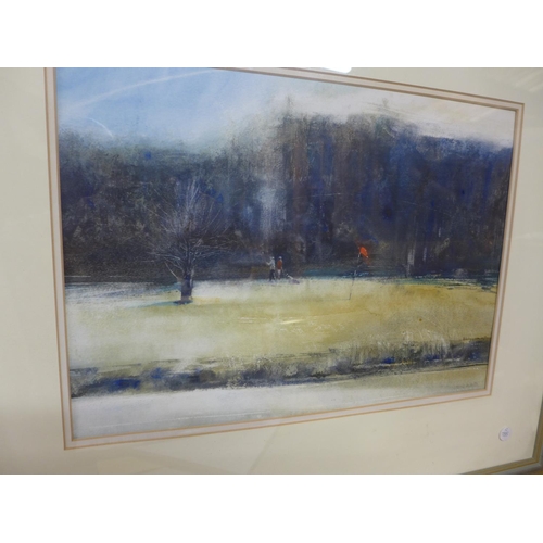 332 - LESLIE WORTH (BRITISH 1923-2009), 'FROSTY MORNING ON THE GOLF COURSE', WATERCOLOUR, SIGNED, LABEL VE... 