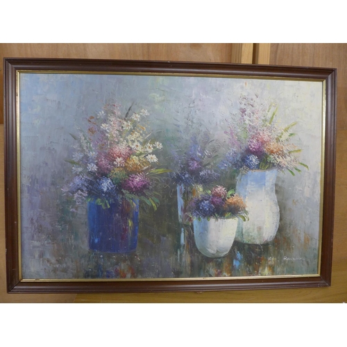 339 - RENNICK (LATE 20TH/EARLY 21ST CENTURY) VASES OF FLOWERS, OIL ON CANVAS, SIGNED, 60X90CM, FRAMED