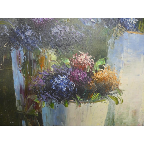 339 - RENNICK (LATE 20TH/EARLY 21ST CENTURY) VASES OF FLOWERS, OIL ON CANVAS, SIGNED, 60X90CM, FRAMED