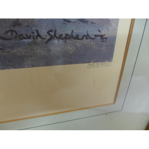 341 - DAVID SHEPHERD LIMITED EDITION (383/850) COLOURED PRINT, 'COOL WATERS', BEARS SOLOMAN AND WHITCHED G... 