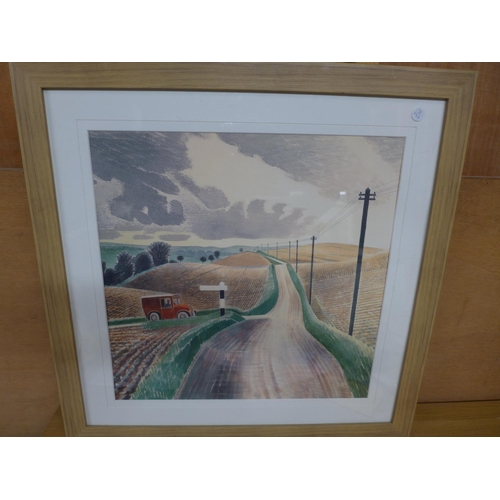 344 - ERIC RAVILLOUS, COLOURED PRINT, 'WILTSHIRE COUNTRYSIDE', 45X46CM, FRAMED AND GLAZED