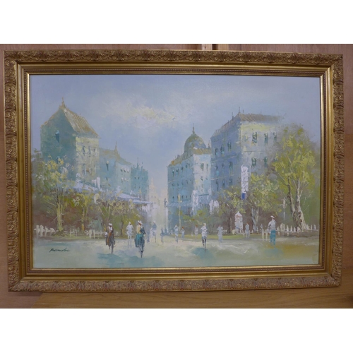 347 - ROD ANSTON (?) CONTINENTAL STREET SCENE, OIL ON CANVAS, SIGNED, 59X90CM, FRAMED