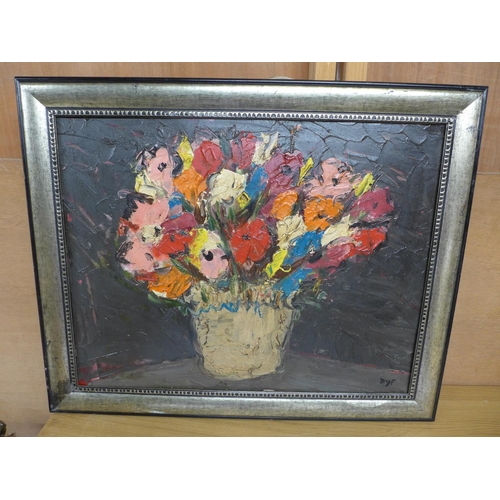 349 - MANNER OF MARCEL DYF, STILL LIFE OF A VASE OF FLOWERS, OIL ON BOARD, BEARS A SIGNATURE DYF, 52X67CM,... 