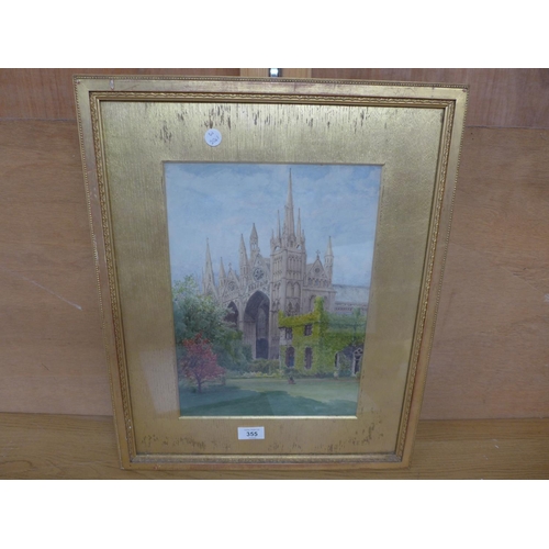 355 - A LATE 19TH CENTURY CATHEDRAL SCENE, WATERCOLOUR, 35X25CM, FRAMED AND GLAZED