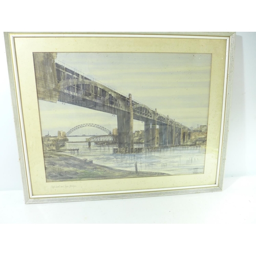 315 - J.N.PADDEN (BRITISH 20TH CENTURY) 'HIGH LEVEL AND TYNE BRIDGE', HIGHLY DETAILED PEN AND INK AND WATE... 