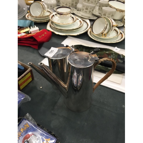 195 - TWO WHITE METAL COFFEE POTS TO INCLUDE A HARRODS AND A MAPPIN AND WEBB