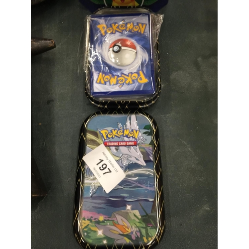 197 - TWO COLLECTORS TINS OF 100+ POKEMON CARDS TO INCLUDE SHINIES AND HOLOS