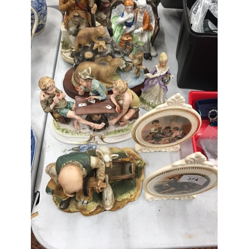 374 - A QUANTITY OF FIGURINES TO INCLUDE CAPODIMONTE STYLE, STAFFORDSHIRE STYLE, PLAQUES, ETC